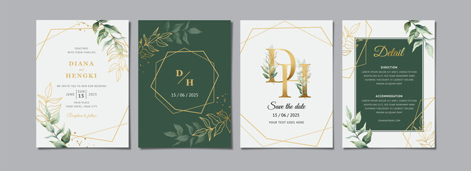 Green gold leaves wedding invitation card template - obrazy, fototapety, plakaty