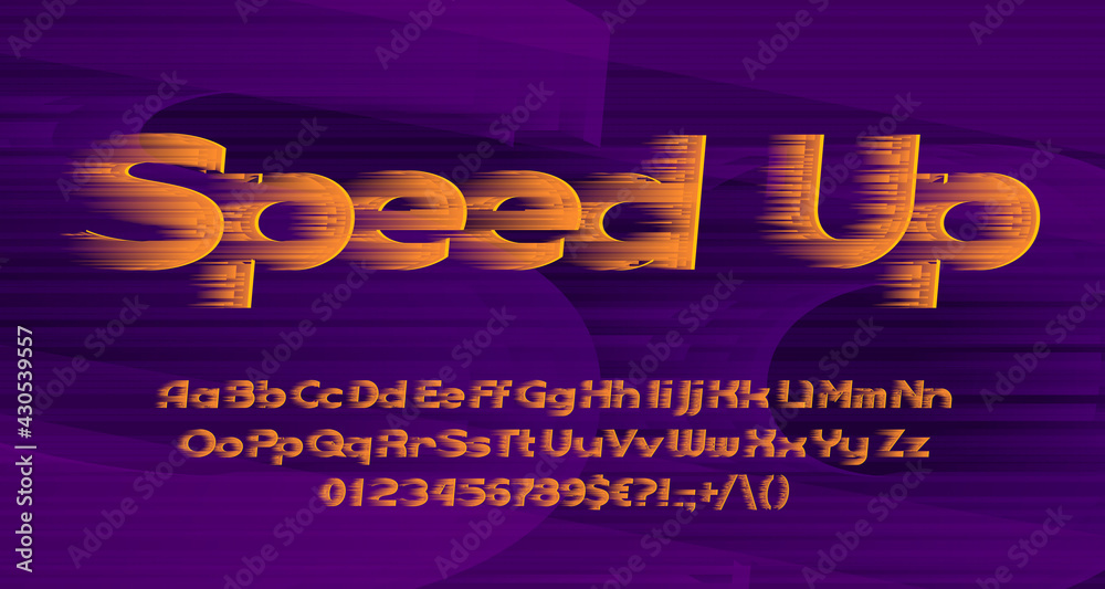 Fototapete speed up alphabet font. fast speed effect letters, numbers and symbols. uppercase and lowercase. sto