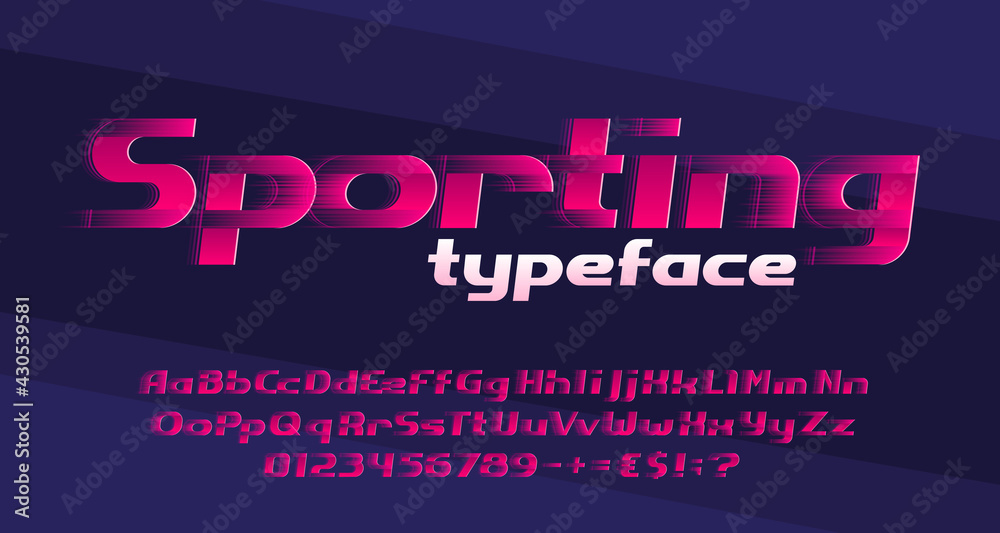 Poster sporting alphabet font. high speed effect letters, numbers and symbols. uppercase and lowercase. sto