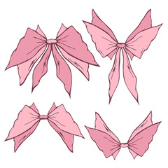 A collection of light pink hand-drawn bowknots isolated on white background. Set of cute flat vector bows elements for festive design