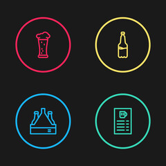 Set line Pack of beer bottles, Beer menu, Plastic and Glass icon. Vector