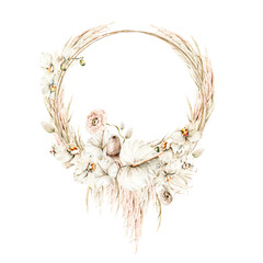 Watercolor boho elegant wreath with hand painted tropical dried palm leaves, pampas grass, flowers of orchid. Floral frame perfect for fabric textile, wedding greeting cards © 60seconds