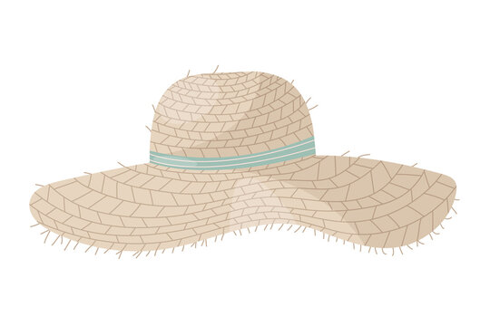 Hand drawn straw hat with ribbon isolated on white background. Vector illustration of summer cap. Element of beach clothes.