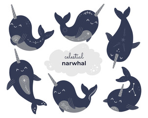 Cute magic narwhals collection, mystical celestial baby whale set. Astrology sea animals with stars, moon and constellation modern trendy vector illustration, flat cartoon style on white background © Alice