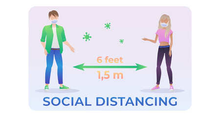 People, men and woman, standing and chating with social distancing 1,5 meters. Keep your distance. Vector illustration isolated on white background for covid-19 poster, banner.