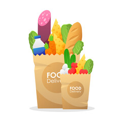 Kraft paper bags with groceries and food delivery logo isolated on white background. Milk, sausage, carrots, tomatoes, lettuce, loaf, bread, cheese, cucumbers, eggs.
