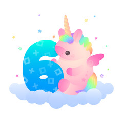 Cute plump pink unicorn with  rainbow hair and blue number 6 sitting on blue cloud with stars around. Holiday, birthday  illustration for postcard greeting card, banner, party on white background.