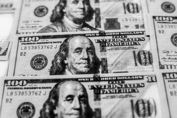 A lot of Money background. Dollars currency notes. Inflation rate. Economic crisis. Сurrency devaluation. Successful business. Close up, soft focus.