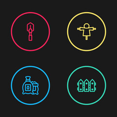 Set line Pack full of seeds of plant, Garden fence wooden, Scarecrow and Shovel icon. Vector