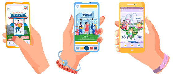 Hand holding phone with open air concert posters set in outdoor summer music festival in South Korean city Busan. People musicians members of musical group play music, advertising web page banner