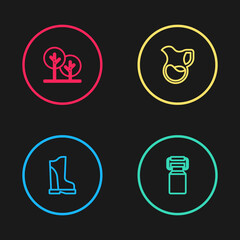 Set line Waterproof rubber boot, Can container for milk, Jug glass with and Tree icon. Vector