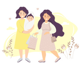 Fototapeta premium Motherhood. Mom in a dress holds a newborn son in her arms. Next to her is a girl with long hair and packages in her hands against a background of plants. Vector illustration. Happy female lgbt family