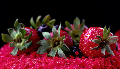 Celebratory cake with strawberry, blueberry and forest fruit.