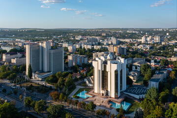 Fototapeta na wymiar Aerial drone view of Presidency building with at sunrise in chisinau with blue sky, Moldova