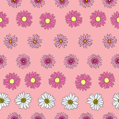 Vector peach pink background pink daisy flowers and wild flowers. Seamless pattern background