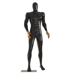 A black male faceless mannequin with golden hands stands on an isolated background. 3d rendering