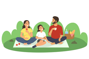 Happy family on a picnic. A sporty family spends time outdoors. Dad, mom and daughter relax and eat in nature. Vector illustration in a flat style.
