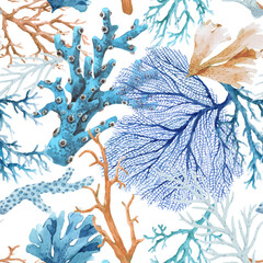 Beautiful vector seamless underwater pattern with watercolor sea life colorful corals. Stock illustration.