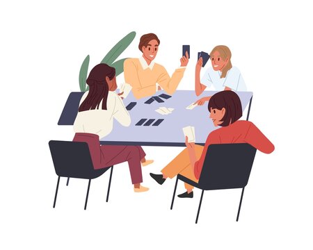 People playing board game at office desk. Team building and informal job entertainment concept. Colleagues and corporate boardgames. Colored flat vector illustration isolated on white background