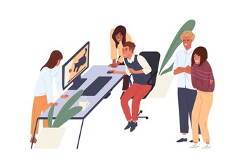 People having fun, laughing and watching funny videos in office. Colleagues spending time, entertaining together at workplace. Colored flat vector illustration of happy workers isolated on white