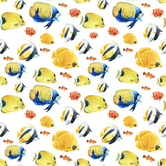 Beautiful vector seamless underwater pattern with cute watercolor colorful fish. Stock illustration.