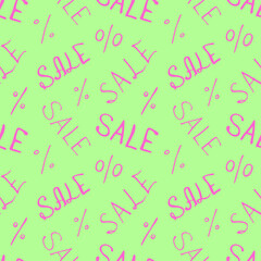 Vector seamless pattern with inscription Sale and percent signs. Hand drawn background and texture on theme of Black Friday, discounts, promo, commercial and special offers. Handwritten backdrop