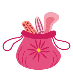 Cosmetic bag with menstrual hygiene products. Illustration for feminine hygiene, medicine, periods. Woman Bag with sanitary napkins, tampons, tablets. Gynecological menstruation cycle. Vector