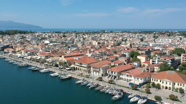 Aerial view over the seaside Preveza city port in Epirus, Greece