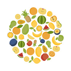 Fresh exotic fruits logo in circle. Halved diet food symbol. Bright vector illustration