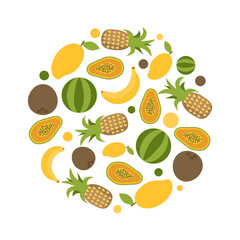 Bright fresh fruit logo. Exotic food illustration in circle logo. 