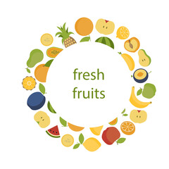 Fresh exotic fruits frame with mango, apple, plum, citrus, papaya, pineapple logo in circle. Halved diet food symbol. Bright vector illustration of watermelon.