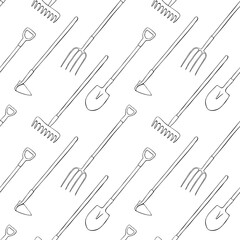 Naklejka premium Seamless pattern with garden equipments: shovels, spades, rakes, hoes, pitchforks. Vector backgrounds and textures with tools for working on the farm, in dacha, country site in flat doodle style