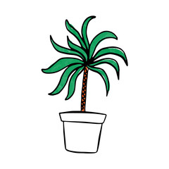 A pot with a plant drawn by hand in the style of doodle. Icon of a potted indoor flower