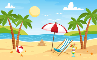 Deck chair and beach umbrella on the sand coast. Beach landscape. Sea background. Colorful summer design. Blank for postcards and banners. Vector illustration in flat style - 430545161