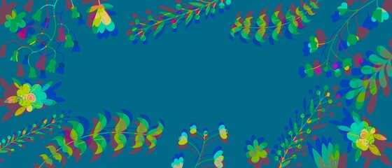 Fototapeta na wymiar Sfondo banner azzurro con le foglie verdi e fiori 