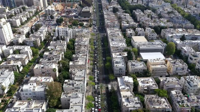 King George blvd in central Tel Aviv with traffic, Aerial view.