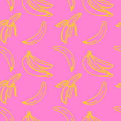 Fototapeta na wymiar Vector seamless pattern with illustration of bananas in line art yellow color on a pink