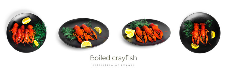 Boiled crayfish with dill and lemon on black plate isolated on a white background.