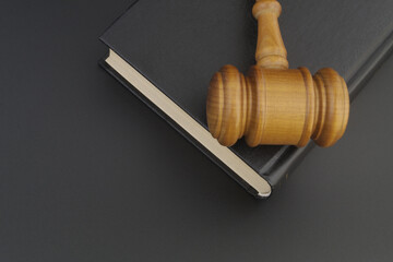 Judge wooden gavel and legal book on table, room for text