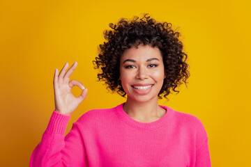 Closeup portrait of lady show okey sign isolated yellow wall background