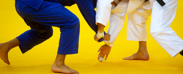 Two judo fighters in white and blue uniform. Professional sport concept