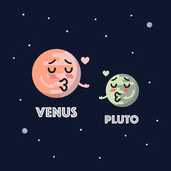Venus in love with pluto character emoticon on space background