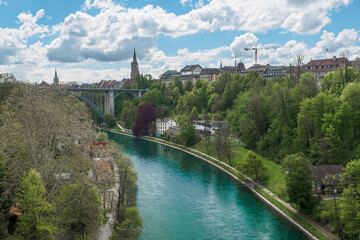 View of the Aare river and the Kornhausbrucke bridge in Bern, Switzerland