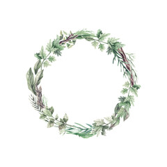 Fototapeta premium Watercolor greenery wreath, frame with green leaves and branches, for wedding stationary, greetings, wallpapers, fashion, healthy background. Green herbs, branches, leaves, spring wreath