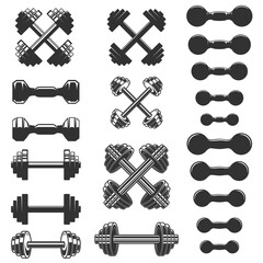 Big set of fitness dumbbells in vintage monochrome style. Design element for logo, label, sign, emblem, poster. Vector illustration