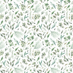 Watercolor seamless pattern with green garden herbs dill, basil, parsley, rosemary, mint. Romantic background with organic natural green herbs. Texture for paper, fabric