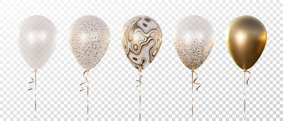 Vector set of five 3d realistic balloons. Transparent with abstract golden texture, with golden confetti circles, and golden. Good for birthday, anniversary, New Year, wedding, holiday event designs.