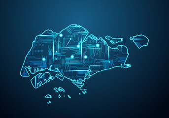 Abstract futuristic map of singapore. Circuit Board Design Electric of the region. Technology background. mash line and point scales on dark with map.