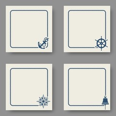 Marine backgrounds set with sea rope frame and naval symbols