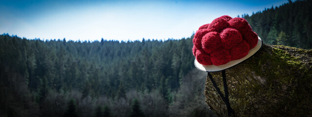 Black Forest Panorama Banner Greeting Card - Red traditional Bollenhut on tree trunk in the forest, with fir trees in the background and blue sky - obrazy, fototapety, plakaty